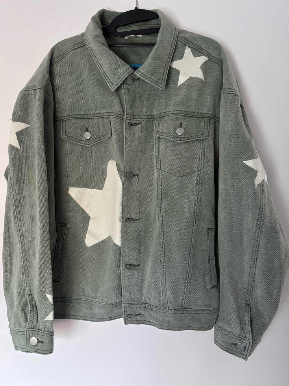 Wonens's Star-Print Suede Jacket. Faded blue/green tone.
